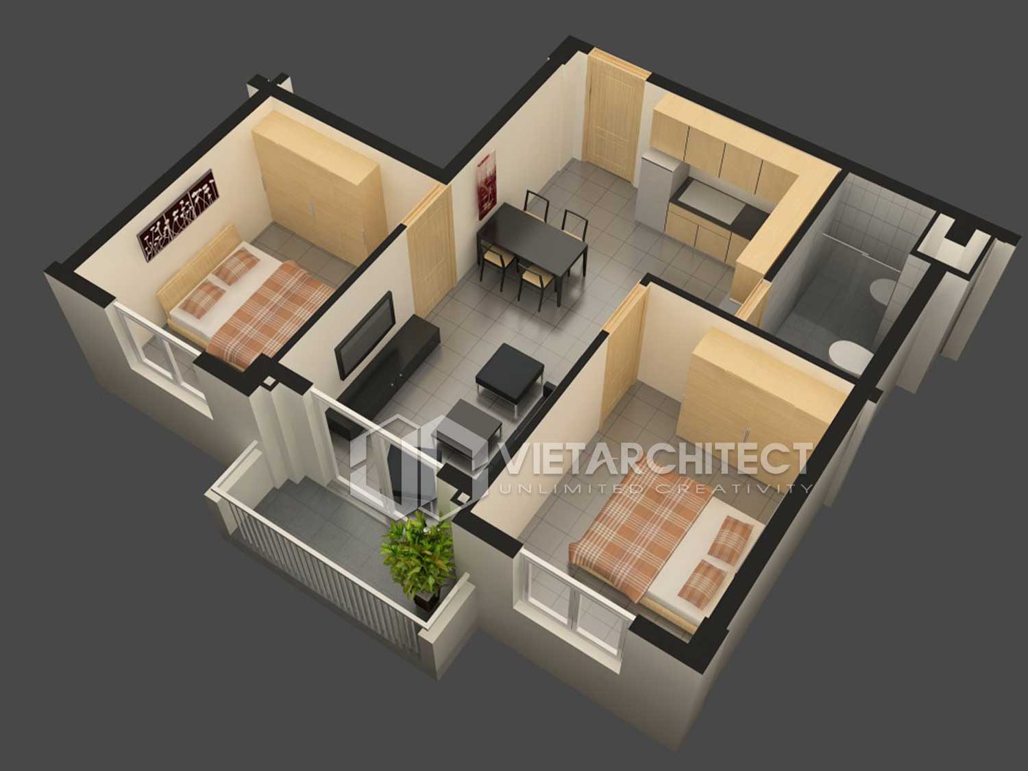 thiết kế chung cư 2 phòng ngủ