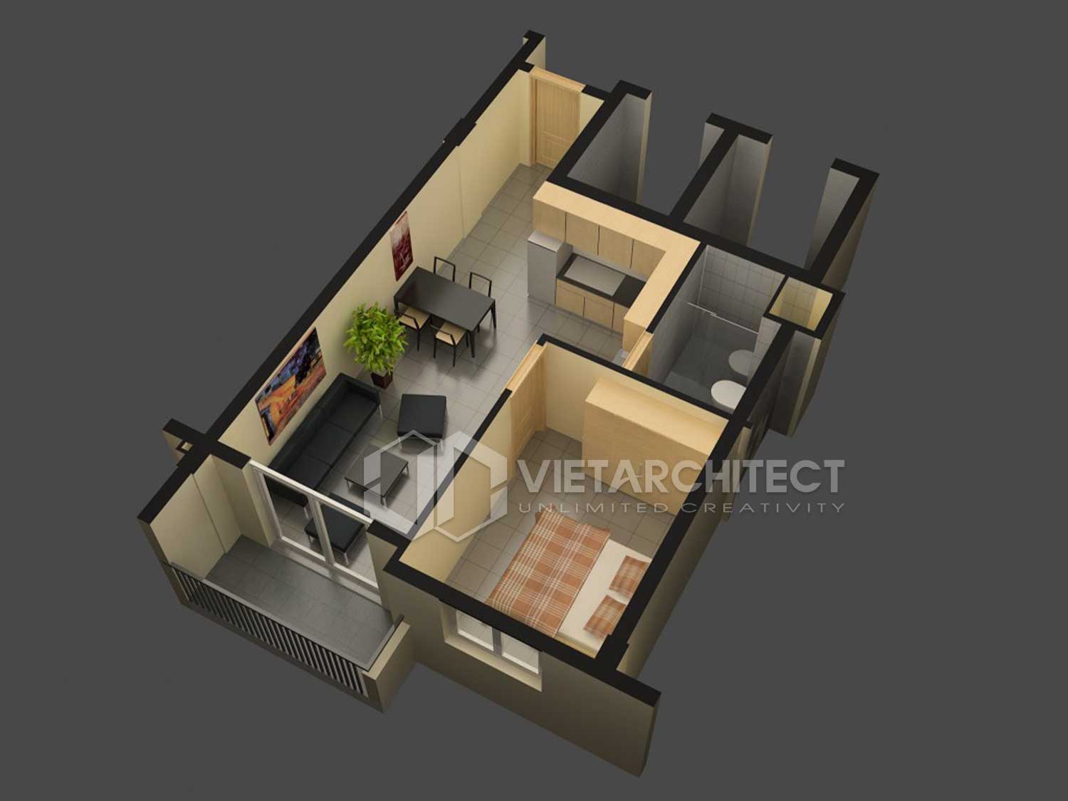 thiết kế chung cư giá rẻ 1 phòng ngủ