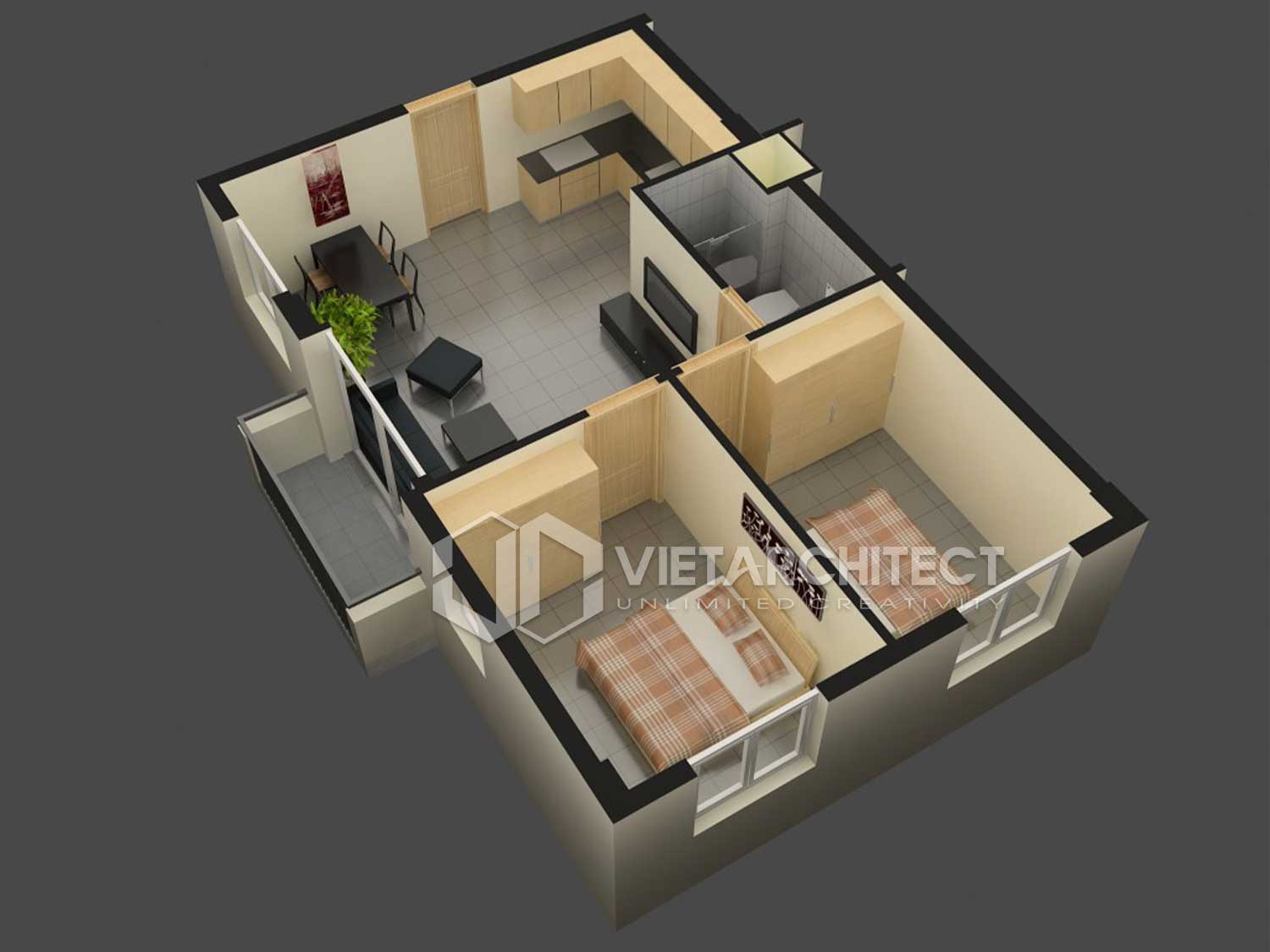 Thiết kế chung cư giá rẻ 2 phòng ngủ