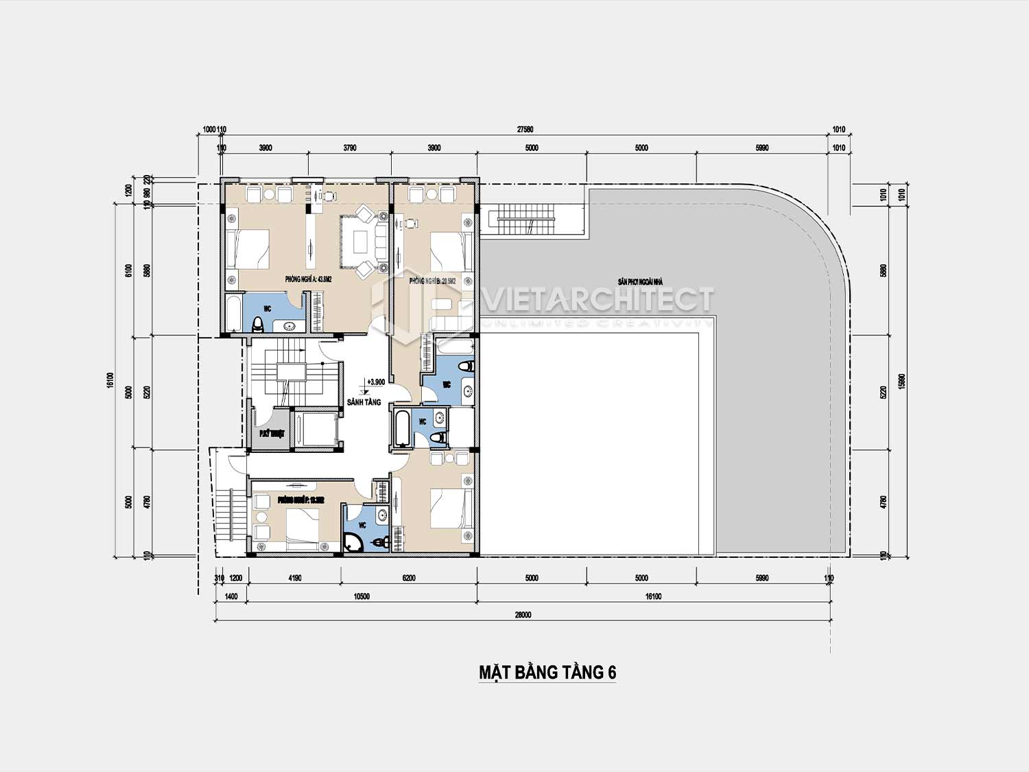 Thiết kế khách sạn bình dân mặt bằng tầng 6